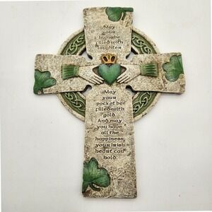 Traditional Irish Blessing Claddagh Wall Cross Shamrock Celtic Knot Resin Rustic